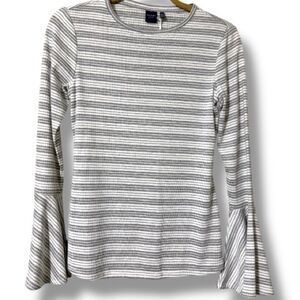 KAARI blue women’s size XS grey stripe long sleeve bell sleeve top new with tags